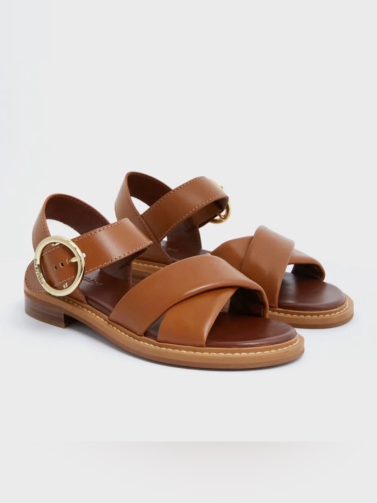 See By Chloé Caramel Tan Leather Flat Sandals Gold Buckle EU 38 / US 8 NEW main image 0
